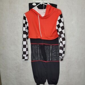 Girls‎ Dance Costume 2 Piece Hip Hop Pants Crop Top Hoodie Red Black Checkered